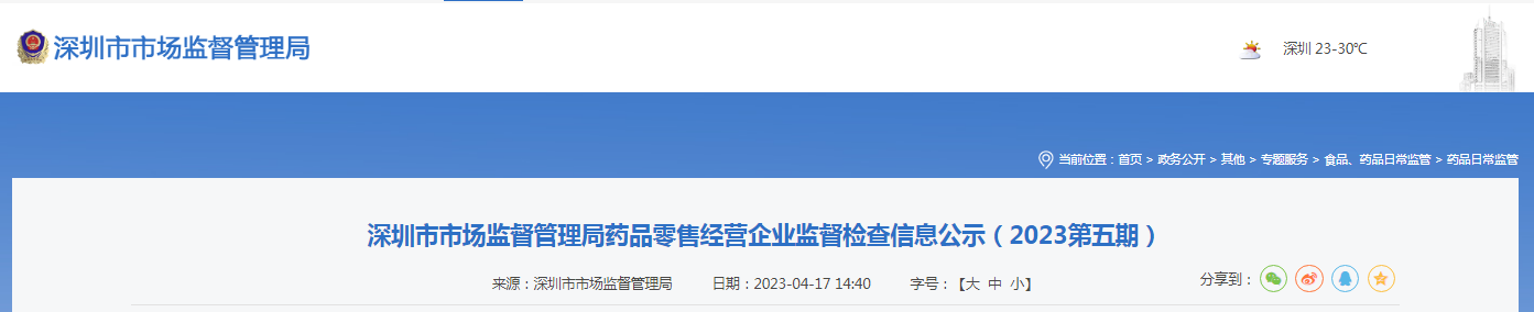 深圳市市场监督管理局药品零售经营企业监督检查信息公示（2023第五期）