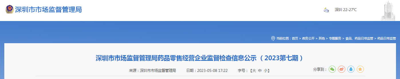 深圳市市场监督管理局药品零售经营企业监督检查信息公示（2023第七期）