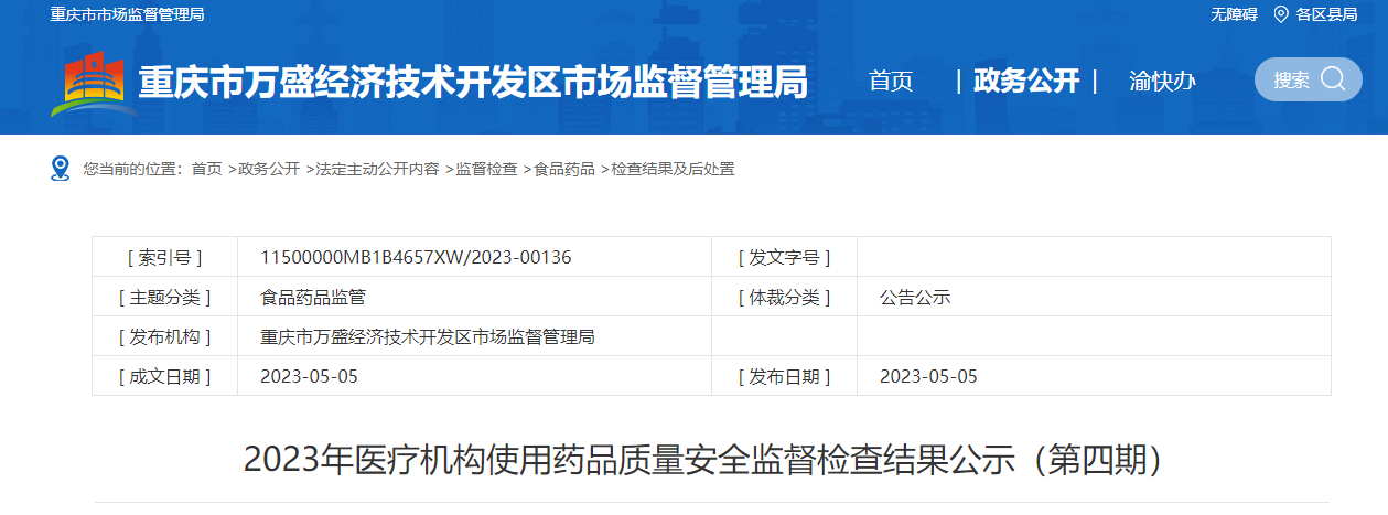 重庆市万盛经济技术开发区公示2023年医疗机构使用药品质量安全监督检查结果（第四期）