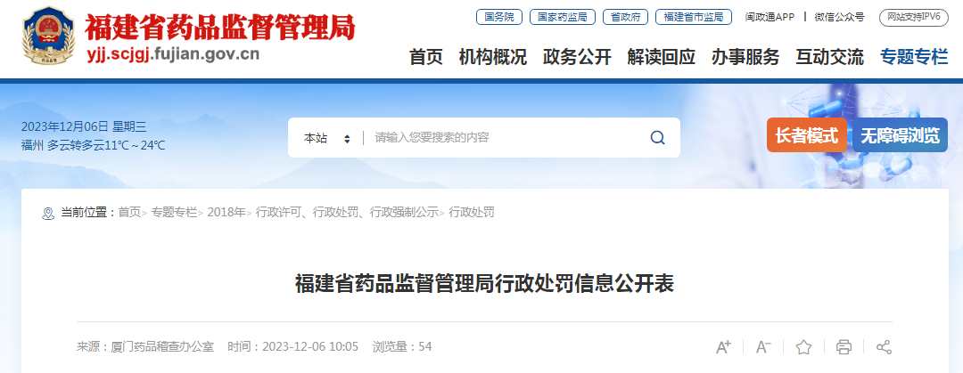 福建省药品监督管理局行政处罚信息公开表