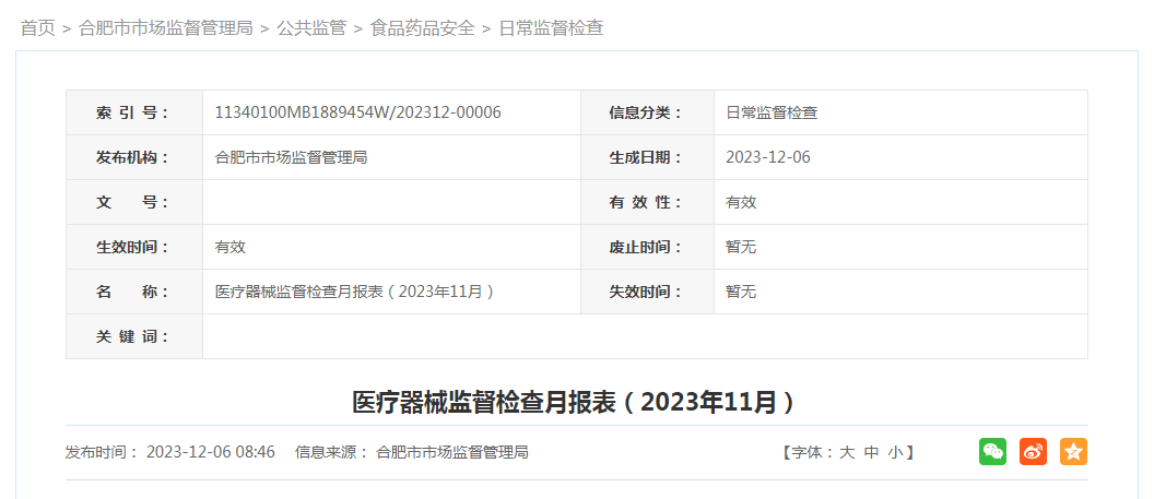 【合肥】医疗器械监督检查月报表（2023年11月）